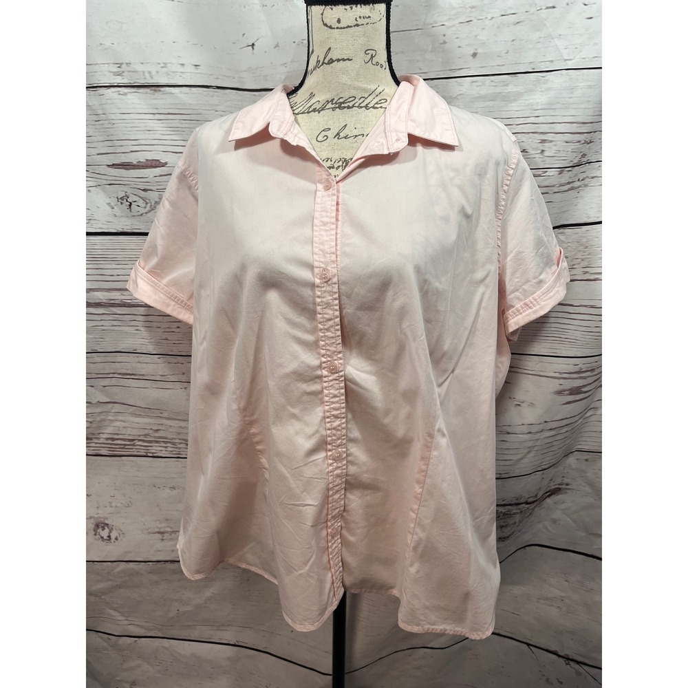 Liz Claiborne Womens XXL Pink Short Sleeve Button Down Shirt Cotton Stretch
